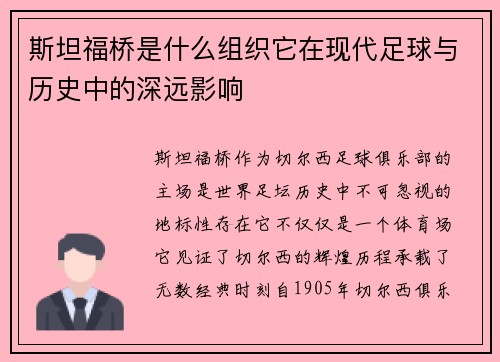 斯坦福桥是什么组织它在现代足球与历史中的深远影响